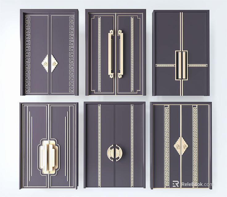 Modern Double Doors Design With Golden Handles Geometric Patterns And Dark Panels 3d model 