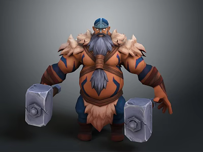 Muscular Bearded Warrior Character With Fur Trimmed Clothing And Two Large Hammers In Fantasy Style 3d model