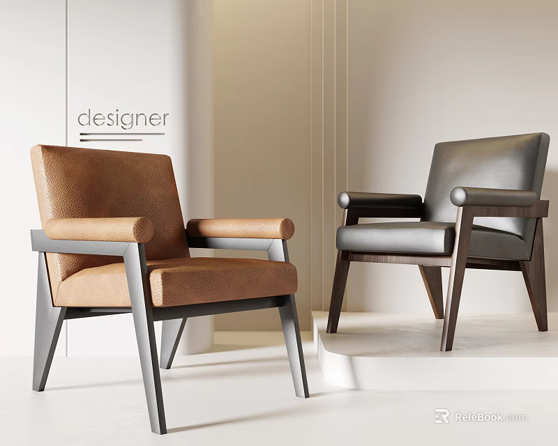 Modern Single Chair Design With Brown And Gray Leather And Wooden Frame 3d model 