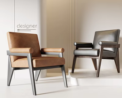 Modern Single Chair Design With Brown And Gray Leather And Wooden Frame 3d model