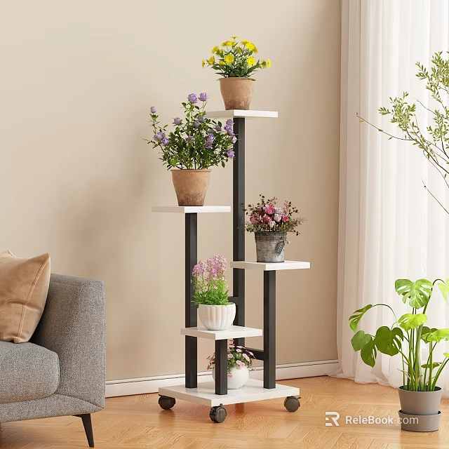 Modern Multi Tiered Plant Stand with Potted Plants in Indoor Living Room 3d model 