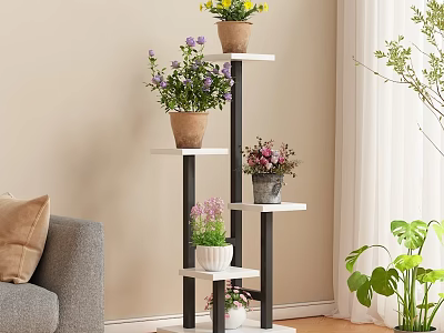 Modern Multi Tiered Plant Stand with Potted Plants in Indoor Living Room 3d model
