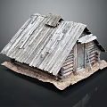 Rustic Weathered Log Cabin With Wooden Roof Log Walls And Wooden Door On Earth Ground