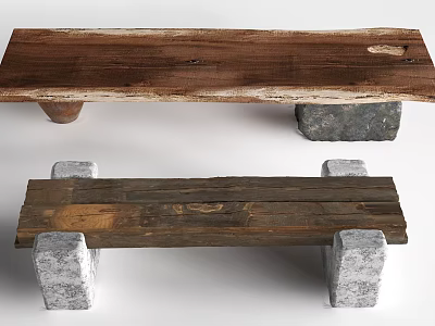 Rustic Wooden Stools With Natural Wood Top And Solid Stone Bases 3d model