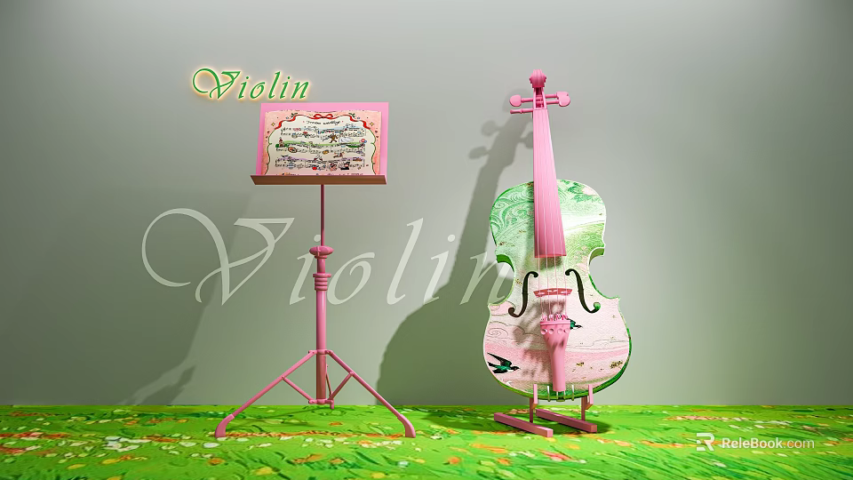 Pink Cello And Violin Themed Art Supplies With Music Stand And Sheet Music 3d model 