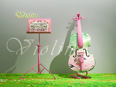 Pink Cello And Violin Themed Art Supplies With Music Stand And Sheet Music 3d model