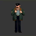 Cartoon Police Officer In Green Jacket With Brown Fur Collar Cap Mustache Hands On Chest