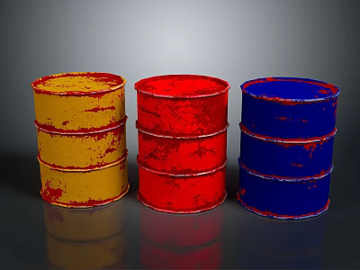 Three Colored Oil Drums Yellow Red Blue Rusty Metal Containers On Gray Background 3d model