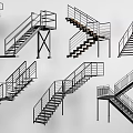 Various Staircase Designs Featuring Metal Railings And Different Structural Styles 3d model