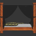 Elegant Four Poster Double Bed With Wooden Posts Black Canopy And Patterned Bedding