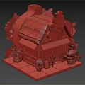 Cartoon Cake Shop Scene With Chef Cat Red Roof Green Plants And Checkered Awning