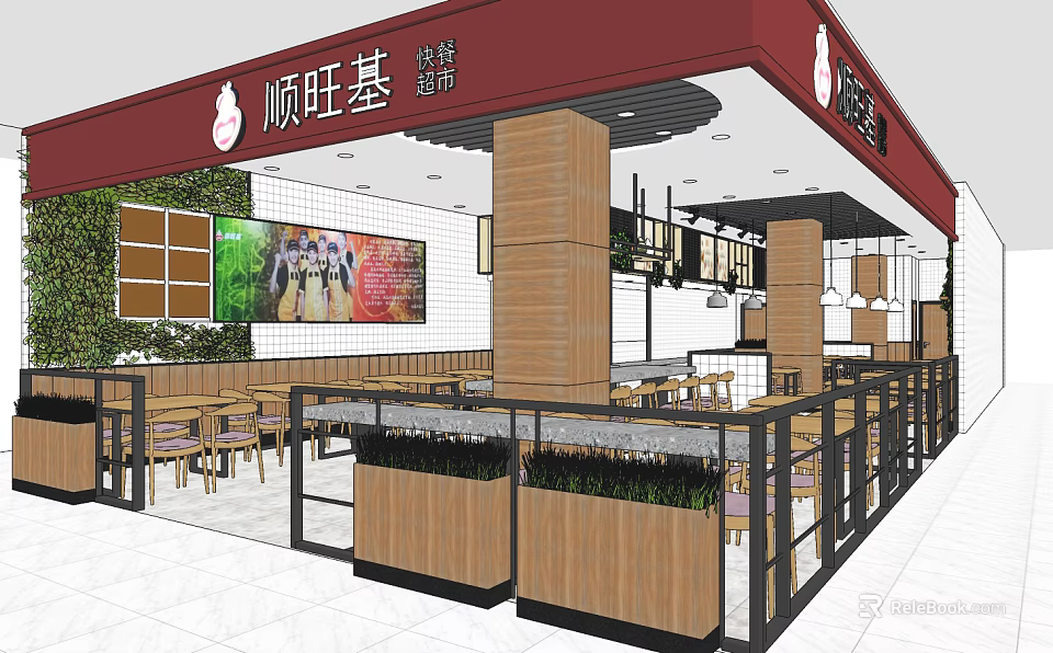 Bright Fast Food Restaurant Interior With Wooden Tables Green Plants And Counter 3d model 
