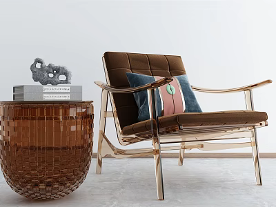 Stylish Brown Upholstered Accent Chair With Wooden Armrests And Woven Side Table 3d model
