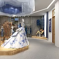 Modern Clothing Store Interior Featuring Golden Metal Frame And Blue Decor Clothing Displays