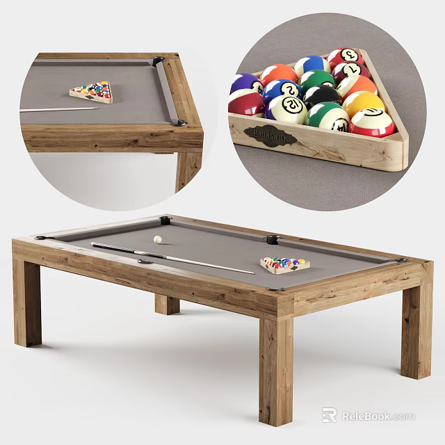 Wooden Frame Billiard Table With Cue Sticks And Colorful Billiard Balls 3d model 