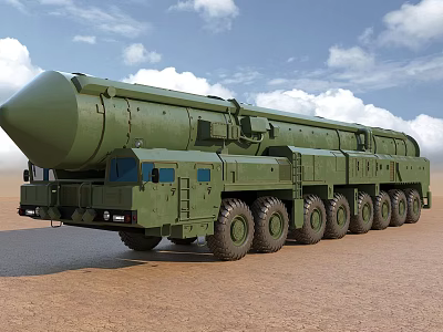 Green Military Missile Launcher Vehicle With Multi Wheel Structure On Desert Ground 3d model