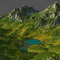 Beautiful Mountainous Landscape Featuring Snow Capped Peaks Green Forest Yellow Foliage And Blue Lake