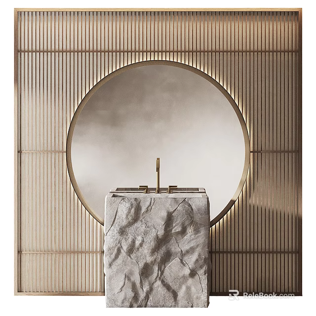 Elegant Bathroom Vanity With Round Gold Framed Mirror And Striped Wall Textured Towel 3d model 