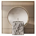 Elegant Bathroom Vanity With Round Gold Framed Mirror And Striped Wall Textured Towel