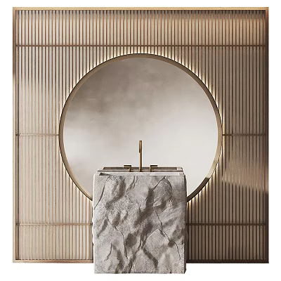 Elegant Bathroom Vanity With Round Gold Framed Mirror And Striped Wall Textured Towel 3d model