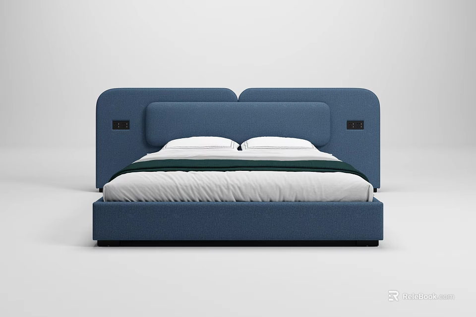 Modern Blue Double Bed with Curved Headboard White Mattress and Green Linen 3d model 