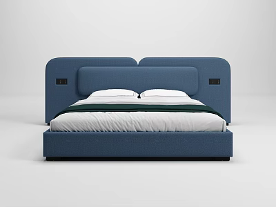 Modern Blue Double Bed with Curved Headboard White Mattress and Green Linen 3d model