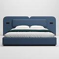 Modern Blue Double Bed with Curved Headboard White Mattress and Green Linen