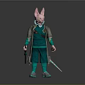 Fantasy Themed Anthropomorphic 3D Character In Green Outfit With Pink Ears And Sword