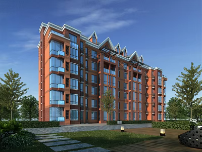 Modern Red Brick Residential Building With Glass Windows Surrounding Greenery Trees Lawn Pathways And Lighting 3d model