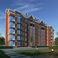 Modern Red Brick Residential Building With Glass Windows Surrounding Greenery Trees Lawn Pathways And Lighting