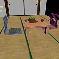 Traditional Japanese Room Interior With Tatami Floor Wooden Table Chairs Tea Set And Sliding Doors