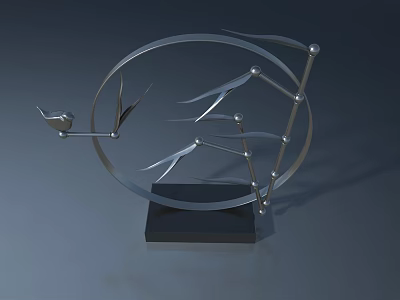 Modern Metal Sculpture With Circular Frame Bird Figure Bamboo Leaves And Black Base 3d model