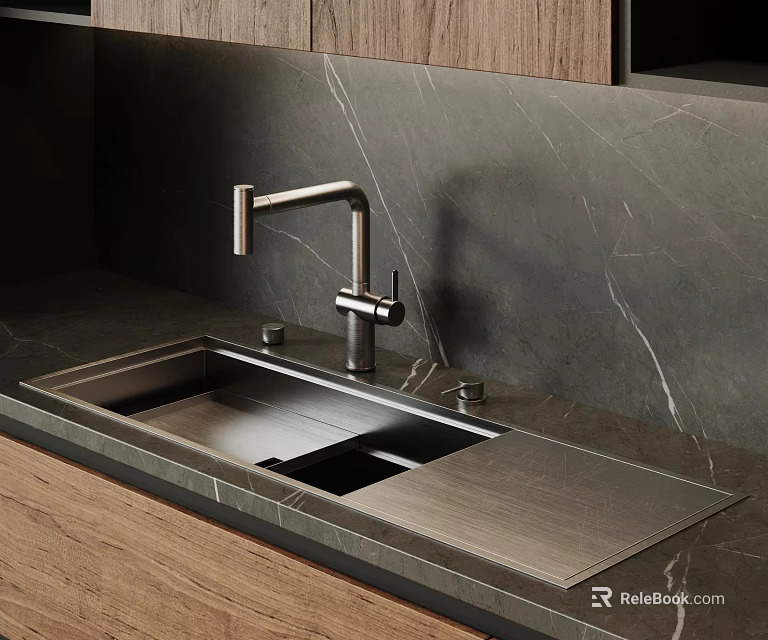 Stainless Steel Kitchen Sink With Modern Faucet On Sleek Marble Countertop 3d model 