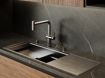 Stainless Steel Kitchen Sink With Modern Faucet On Sleek Marble Countertop 3d model