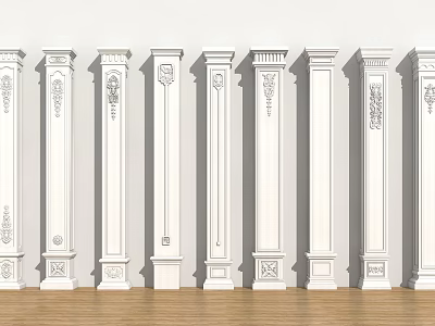 White Columns With Various Carved Designs Arranged On Wooden Floor With Plain White Wall Background 3d model