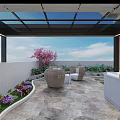 Rooftop Garden Terrace With Spiral Staircase Rattan Furniture Pink Blossoms And Blue Sky