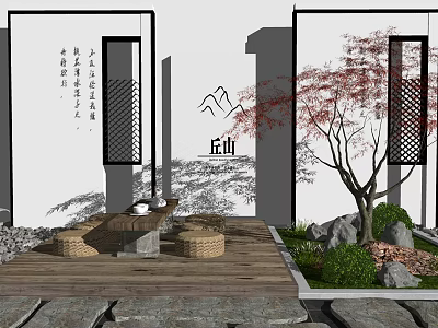 Chinese Courtyard Garden Design With Wooden Deck Red Maple Rockery And Stone Ornaments 3d model