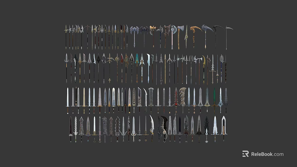 Assorted Medieval Weapons Collection Featuring Swords Axes Spears Daggers and Polearms 3d model 