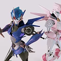 Futuristic Blue Purple And Pink White Robot Figures With Standing Mechanical Design