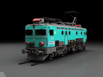 Vintage Green Electric Train With Red Headlights And Pantograph On Railway Tracks 3d model