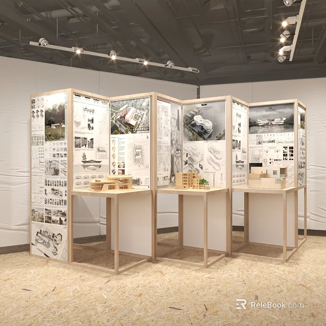 Exhibition Island With Display Panels Drawings And Wooden Models In Modern Hall Setting 3d model 
