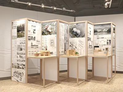 Exhibition Island With Display Panels Drawings And Wooden Models In Modern Hall Setting 3d model