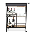 Black Metal Wine Cabinet with Rolling Wheels Multiple Shelves Wine Bottles and Glassware