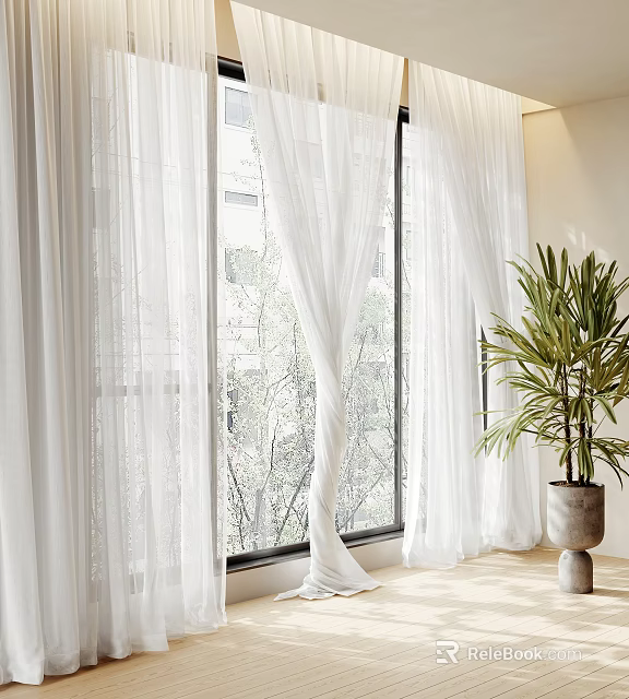 White Sheer Curtains For Bright Modern Room With Window And Indoor Plant 3d model 