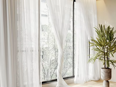 White Sheer Curtains For Bright Modern Room With Window And Indoor Plant 3d model