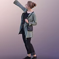 Woman Posing in Light Green Cardigan Black Top Black Pants with Belt and Handbag