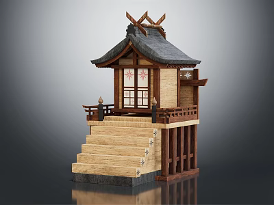 Cartoon Scene Featuring Traditional Japanese Wooden Building With Black Roof Stairs And Red Window Decorations 3d model