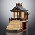 Cartoon Scene Featuring Traditional Japanese Wooden Building With Black Roof Stairs And Red Window Decorations