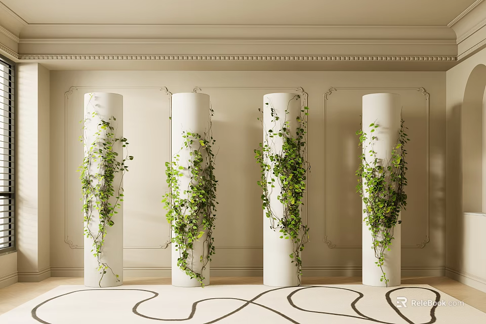 White Column Capitals Adorned With Green Vines In Light Walled Space With Carpet 3d model 