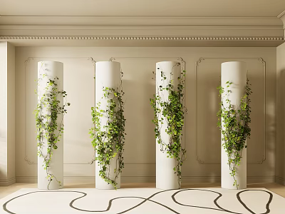 White Column Capitals Adorned With Green Vines In Light Walled Space With Carpet 3d model